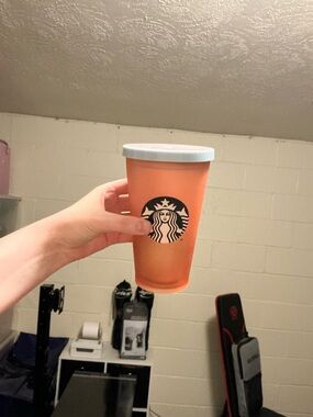 Starbucks Peach and White Reusable Cold Cup with Siren Logo